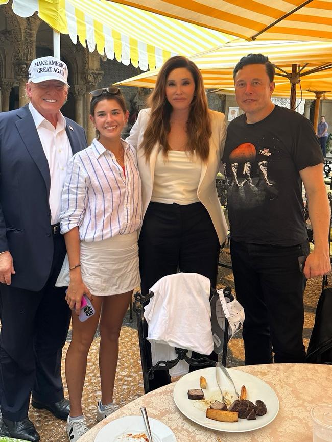 Donald Trump, Kai Trump, Caitlyn Jenner and Elon Musk.at Mar-a-Lago. Picture: X.