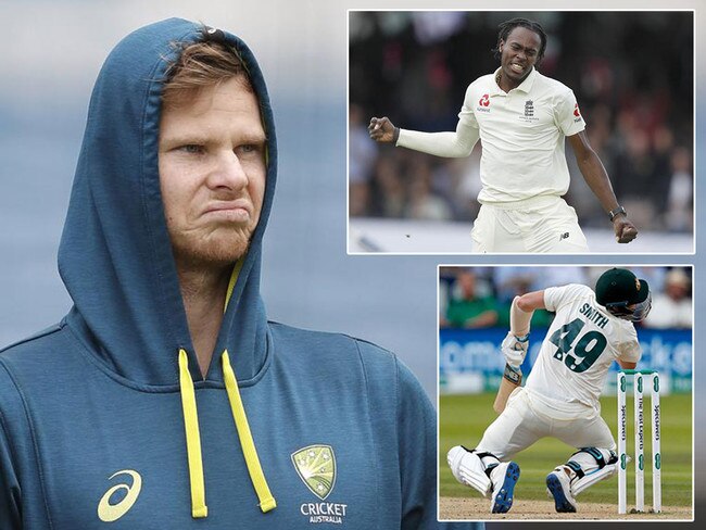 Steve Smith, after being ruled out (main), Jofra Archer (top) and the moment which felled Smith (bottom right). Pictures