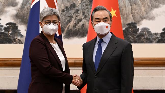 Penny Wong and her Chinese counterpart Wang Yi at Beijing’s Diaoyutai State Guesthouse on Wednesday. Picture: AAP