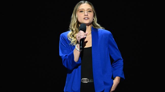 Hadley Duvall, who fell pregnant with her stepfather’s child at the age of 12 after being raped, speaking at the DNC. Picture: Mandel Ngan/AFP