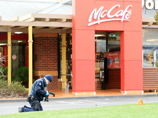 Police investigate after officers were forced to abandon a vehicle and flee into a McDonald’s in Sunbury. Picture: Mark Stewart