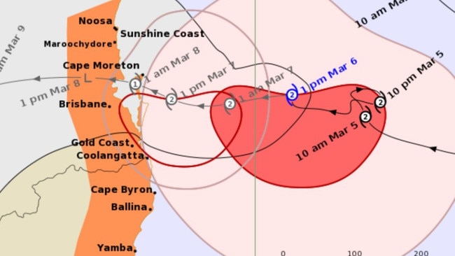 The latest tracking map of Tropical Cyclone Alfred by BOM as of 1.35pm on Thursday, March 6.