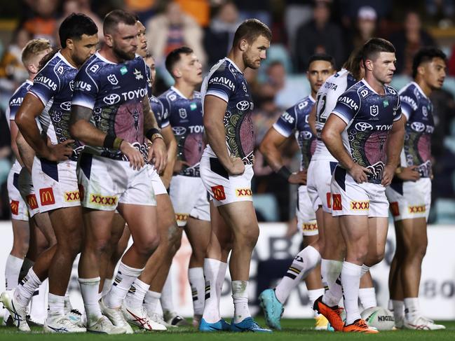 Cowboys players dejected after a Tigers try. Picture: Getty Images