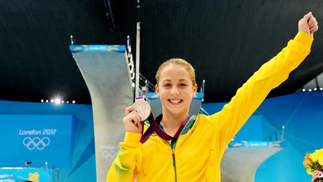 Brittany Broben of Australia with her silver medal for the diving women's 10m platform final at the Aquatics Centre during the Olympic Games in London, Thursday, Aug. 9, 2012. Picture: AAP Image/Tracey Nearmy