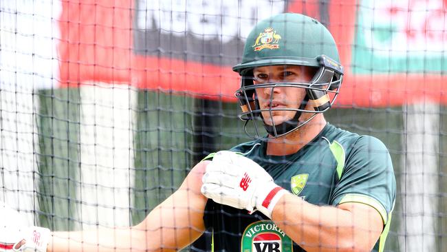 CRICKET - Australian cricket team training at Adelaide Oval. Aaron Finch shows off his bruise after getting hit in the right shoulder. Photo Sarah Reed