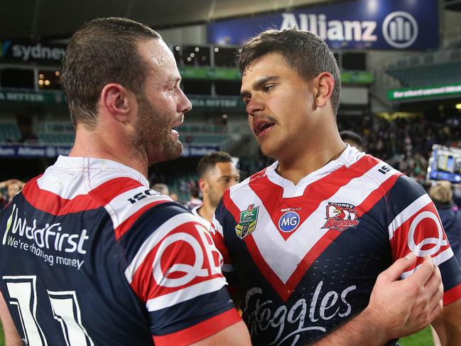 Roosters Latrell Mitchell celebrates victory with Roosters Boyd Cordner after the Sydney Roosters v Brisbane Broncos Qualifying Final at Allianz Stadium, Sydney. Picture: Brett Costello