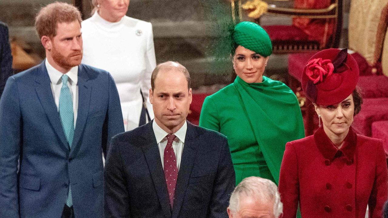 Royals no more: Meghan and Harry have left the royal family, turning their backs on family including Wills and Kate (front). Picture: AFP