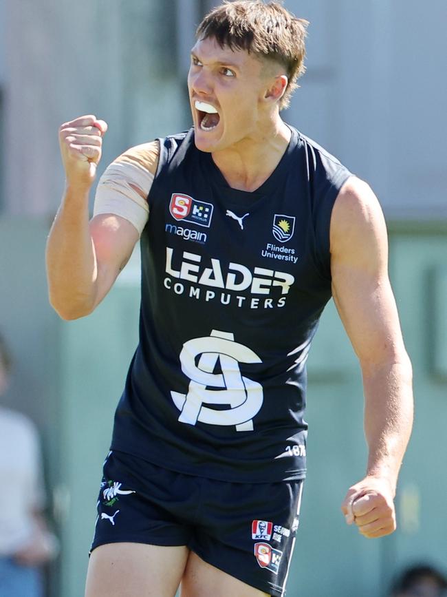 South Adelaide’s Noah Howes celebrates one of his three goals for the Panthers against the Crows in Round 1. Picture: David Mariuz/SANFL