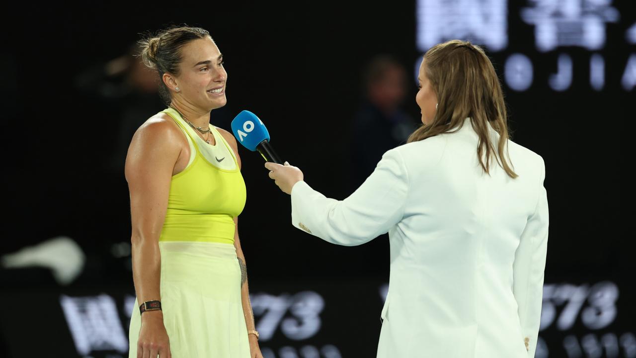 Jelena Dokic interviews Aryna Sabalenka at the Australian Open. (Photo by Clive Brunskill/Getty Images)