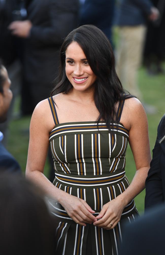 Meghan, Duchess of Sussex attends a reception at the Residence of the British High Commissioner, during the royal tour of South Africa, in a dress she wore at Sydney’s Bondi Beach. Picture: Getty