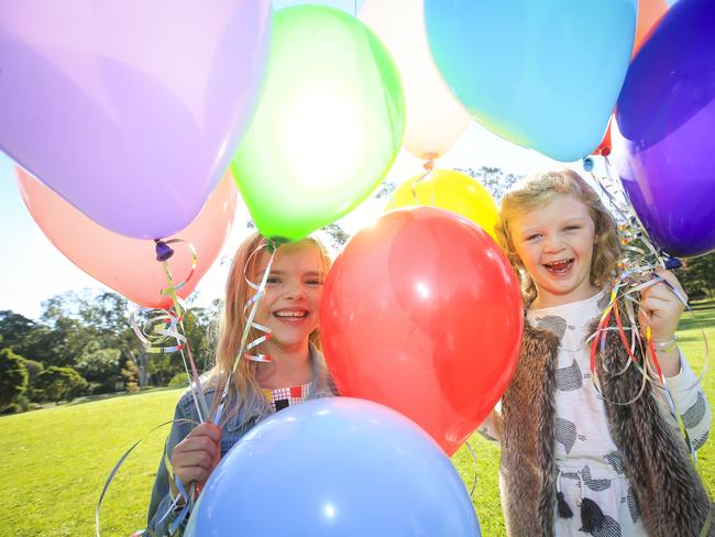 Blue Mountains Council is also considering banning helium balloons from being release. Rosie Moss, 7, and Evie Shandler, 7. Picture: Dylan Robinson