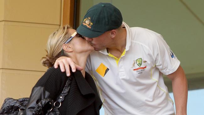 David Warner and wife Candice in Adelaide in 2013. Picture: Simon Cross