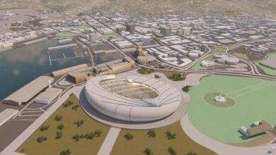 The Macquarie Point masterplan, featuring an AFL stadium, by The Office for Collective Design.