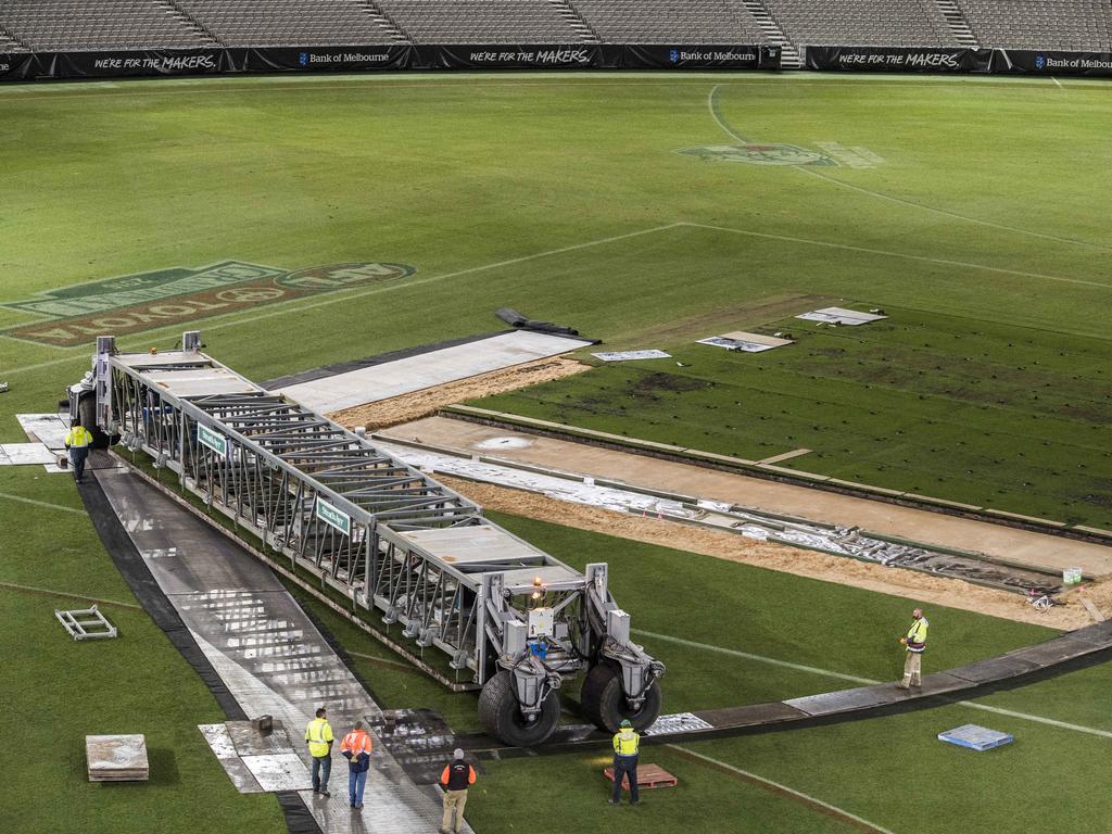 Each pitch at the MCG has to come via special purpose loading truck that has to lift the 30 ton slabs of grass and concrete. Picture: Jason Edwards