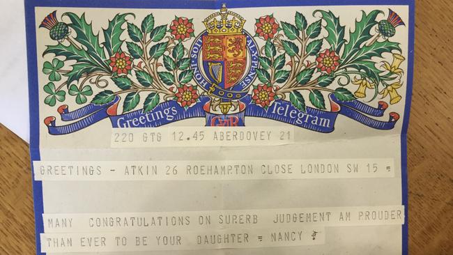 The congratulatory telegram to Lord Atkin from his daughter Nancy.