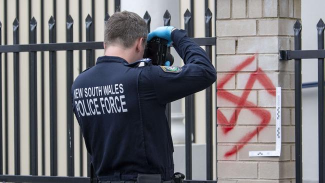 Swastikas were spray-painted onto a synagogue in Sydney last week. Picture: NewsWire / Simon Bullard.