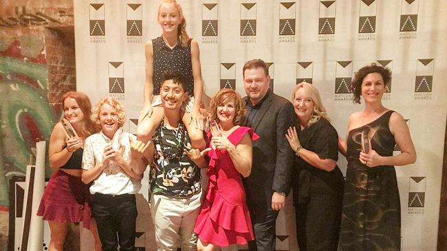 Flipside Circus performers and creatives with their awards at the 2018 Matilda Awards on Monday night. l-r Mia Hughes, Luke Whitefield, Indra Garvey (top), Natano Fa'anana, Jo Thomas, Robert Kronk, Fiona Hawthorne and Bridget Boyle