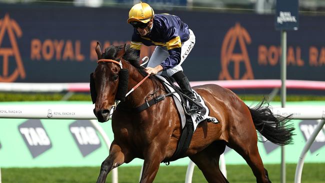 SYDNEY, AUSTRALIA - OCTOBER 05: Jay Ford riding Swiftfalcon   wins Race 4  Drinkwise Dulcify Stakes during Sydney Racing at Royal Randwick Racecourse on October 05, 2024 in Sydney, Australia. (Photo by Jeremy Ng/Getty Images)