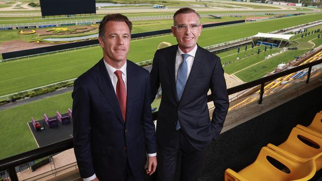 Labor leader Chris Minns and NSW Premier, Dominic Perrottet at The Daily Telegraph's Future Western Sydney 2023 lunch at Rosehill Gardens. Picture: Justin Lloyd