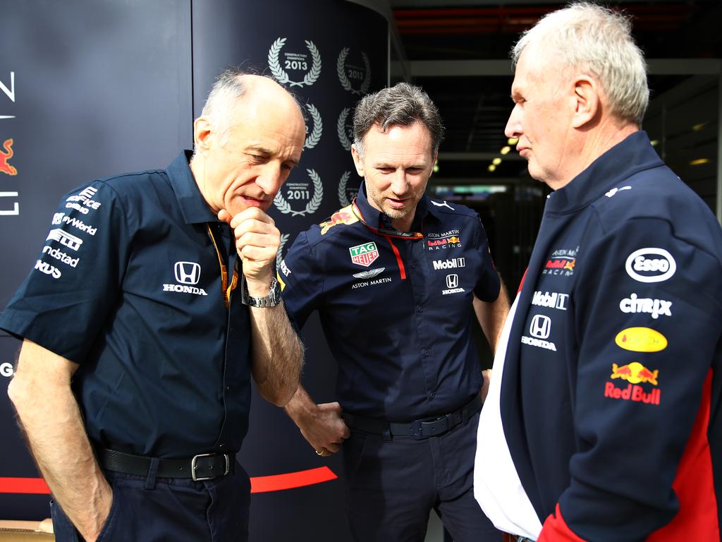 AlphaTauri’s Franz Tost, Red Bull Racing’s Christian Horner and Red Bull consultant Dr Helmut Marko.