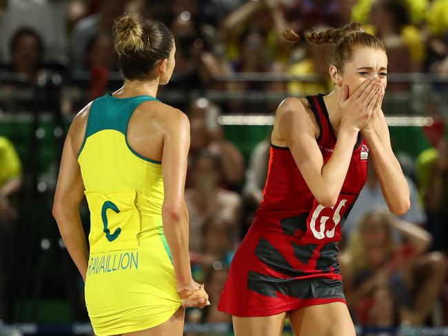 Helen Housby celebrates after scoring in the final second at the Commonwealth Games.