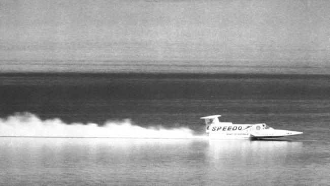 Ken Warby breaks the world water speed record in his boat Spirit of Australia at Blowering Dam, NSW, on October 8, 1978. The record set was 317.60 mph (511.11 km/h) and it still stands today. Picture: National Archives of Australia A6180