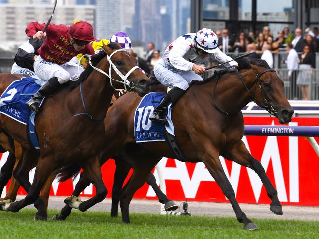 Sunlight defeats Zousain in the Coolmore Stud Stakes on Derby Day at Flemington. Picture: Vince Caligiuri/Getty Images