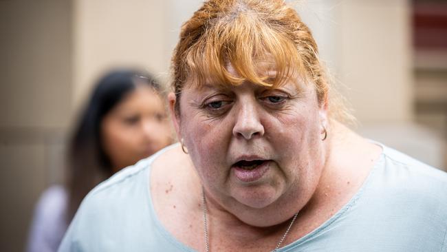 Abbey’s mother, Elizabeth Forrest, talk to the media. Picture: Jake Nowakowski