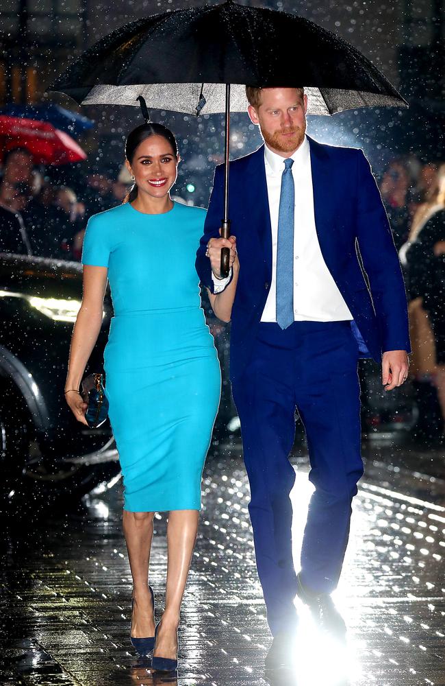 Starry, starry night. It’s one of the last times Meghan and Harry will appear in public as senior royals and they did it in style. Picture: Chris Jackson/Getty Images