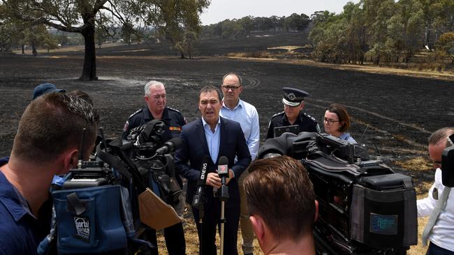 Premier Steven Marshall at the fireground with CFS Chief Mark Jones, Emergency Services Minister Corey Wingard, Police Commissioner Grant Stevens and Senator Anne Ruston on Monday. Picture: Tricia Watkinson