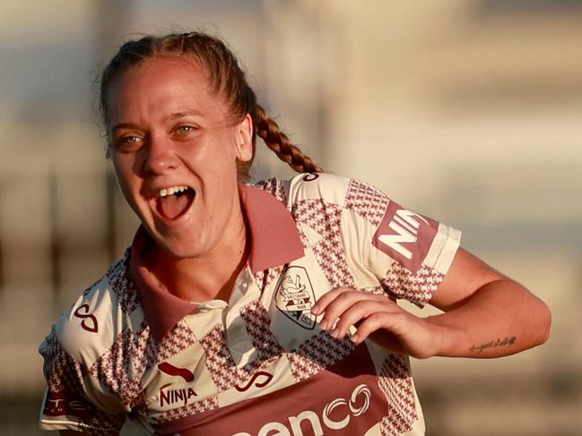 MELBOURNE, AUSTRALIA - DECEMBER 29: Laini Freier of the Roar celebrates during the round eight A-League Women's match between Western United and Brisbane Roar at Ironbark Fields, on December 29, 2024, in Melbourne, Australia. (Photo by Kelly Defina/Getty Images)