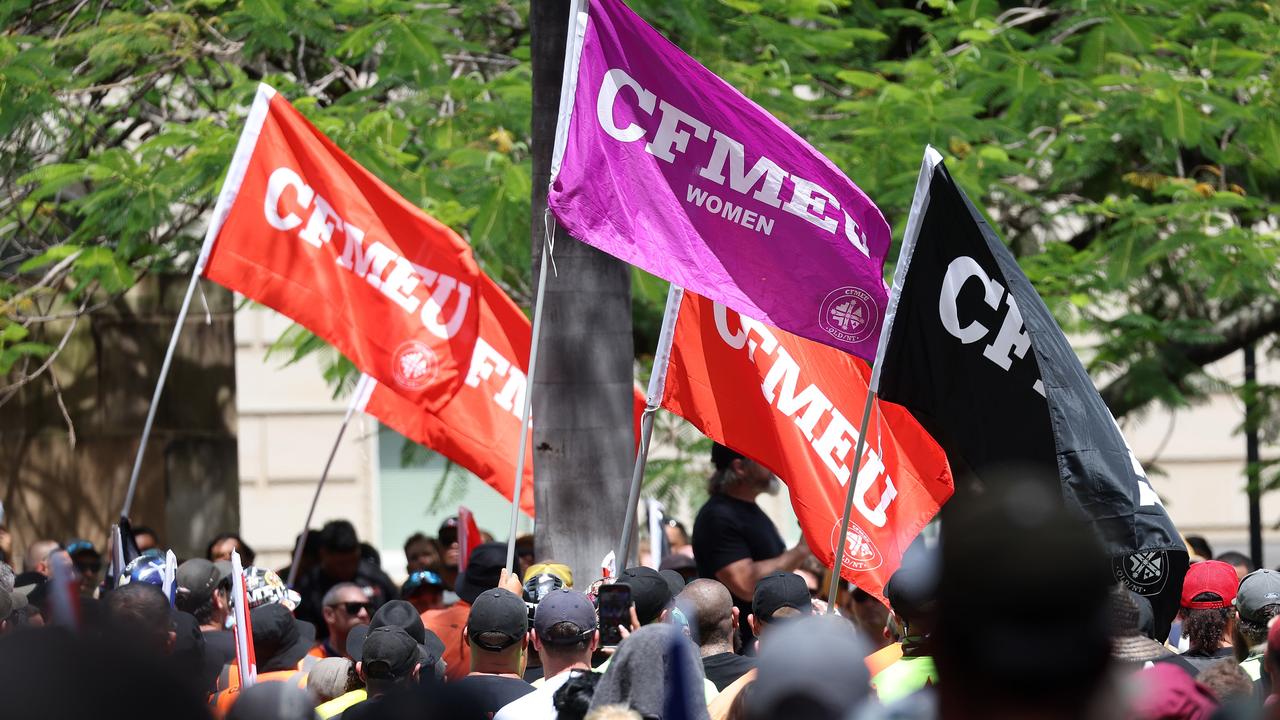 Hundreds of CFMEU members have stormed the Queensland Council of Unions headquarters. Picture: Liam Kidston