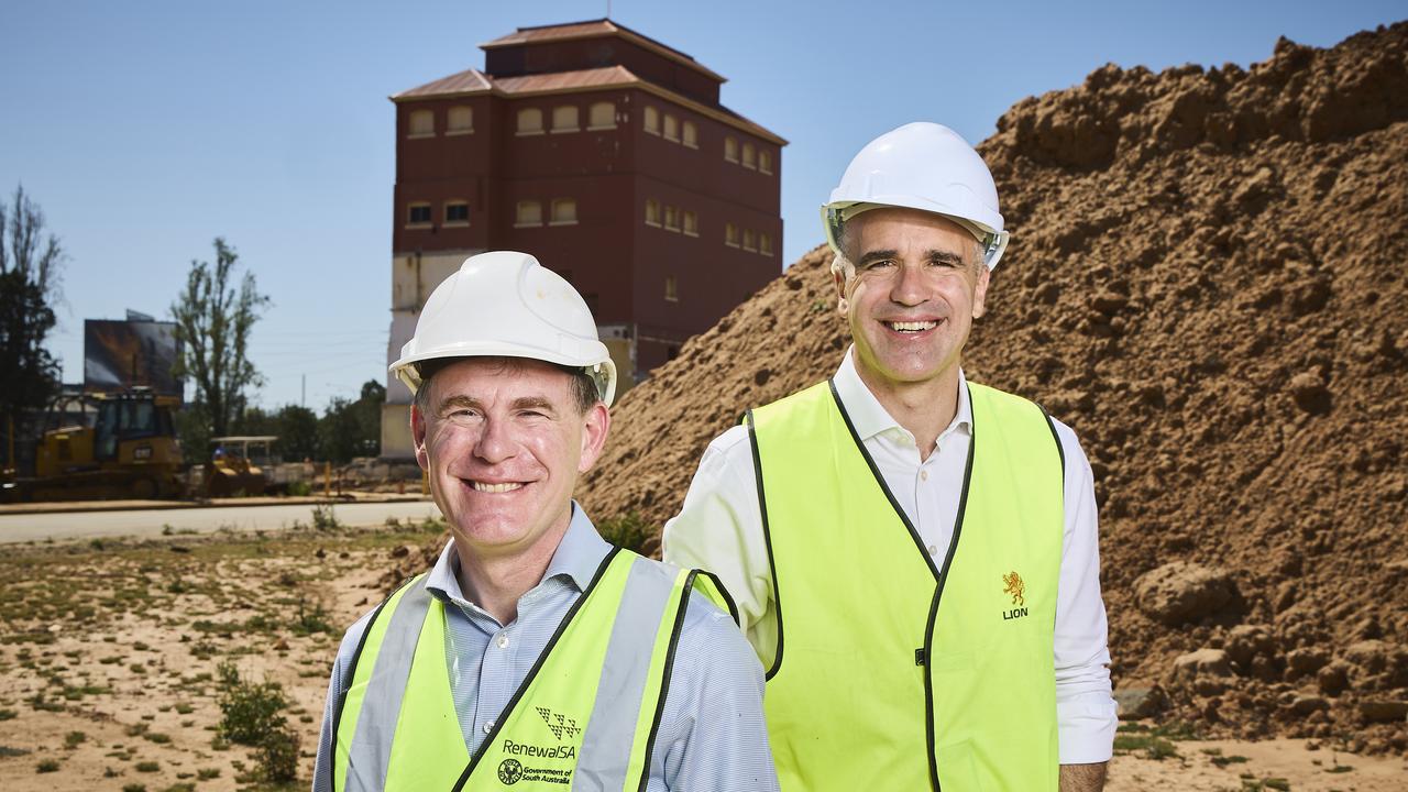 Minister for Housing & Urban Development Nick Champion with Premier Peter Malinauskas on the West End Brewery re-development site. Picture: Matt Loxton