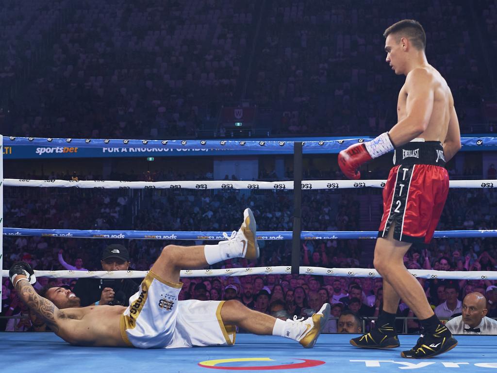 Tim Tszyu put down Bowyn Morgan with ease. (Photo by Brett Hemmings/Getty Images)