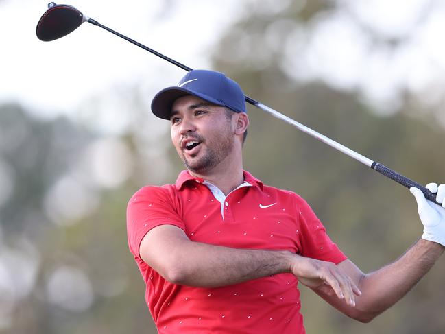 HOUSTON, TEXAS - NOVEMBER 05: Jason Day of Australia plays his shot from the fourth tee during the first round of the Vivint Houston Open at Memorial Park Golf Course on November 05, 2020 in Houston, Texas. (Photo by Carmen Mandato/Getty Images)