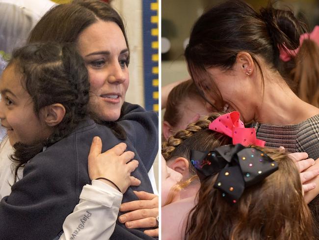 Britain's Catherine, Duchess of Cambridge and Patron of the All England Lawn Tennis and Croquet Club (AELTC) visits the Bond Primary School to see the work of the Wimbledon Junior Tennis Initiative (WJTI, in Mitcham, south west London on January 17, 2018. / AFP PHOTO Britain's Prince Harry and his fiancée US actress Meghan Markle attend a street dance class during their visit to Star Hub community and leisure centre in the Tremorfa area of Cardiff, south Wales on January 18, 2018. / AFP PHOTO