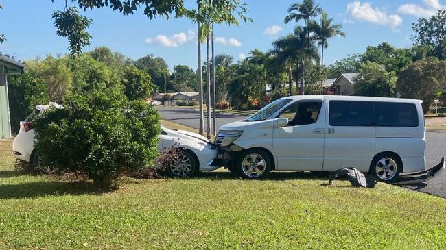 An incident at Bentley Park involving an alleged stolen car and a woman's mini van on Friday. Photo: Supplied.