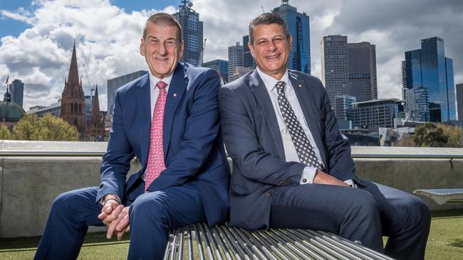 Former Victorian Premiers and political opponents Kennett and Steve Bracks. Picture: Jake Nowakowski