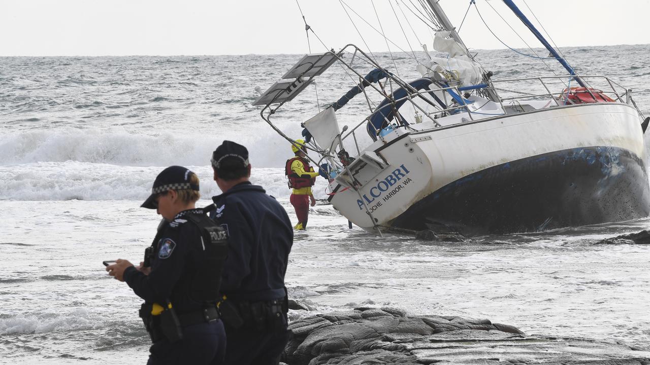 The Alcobri yacht washed up on the rocks at Mooloolaba.