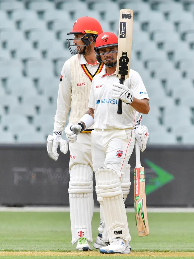 Jake Weatherald raises the bat for his half-century. Picture: AAP Image/David Mariuz