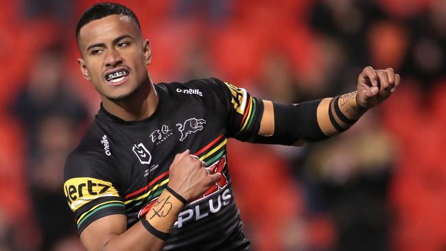 Stephen Crichton of the Panthers celebrates scoring a try during the round 10 NRL match between the Penrith Panthers and the North Queensland Cowboys at Panthers Stadium.