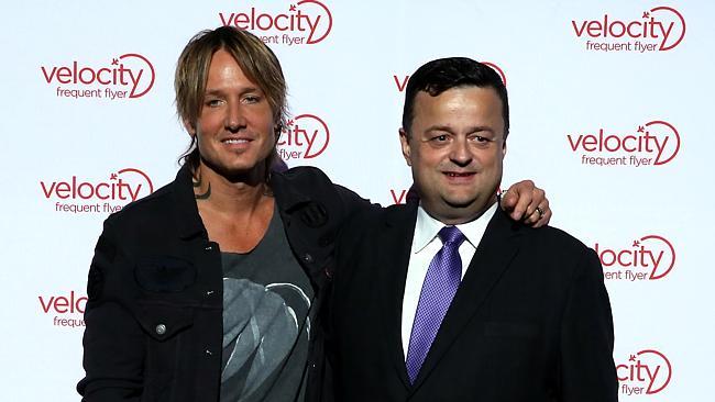 Ambassador Keith Urban, left, and Velocity frequent flyer program chief Karl Schuster at the Virgin Australia launch. Picture: Jane Dempster