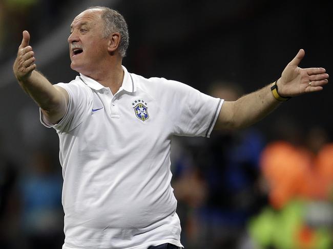 Brazil's coach Luiz Felipe Scolari yells instructions to his players during the World Cup third-place soccer match between Brazil and the Netherlands at the Estadio Nacional in Brasilia, Brazil, Saturday, July 12, 2014. (AP Photo/Natacha Pisarenko)