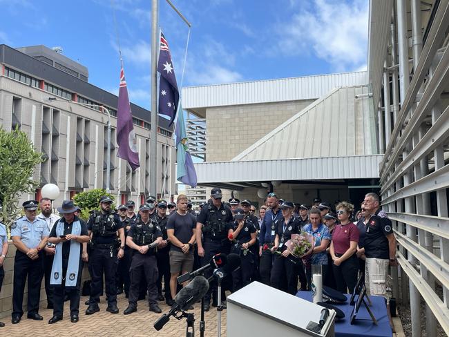 Townsville police gather for memorial after two officers were killed in the line of duty. Picture: Leighton Smith.