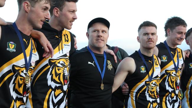 Trent Baumeler Tigers coach with players. TSL grand final Kingborough Tigers V North Launceston. Picture: Nikki Davis-Jones