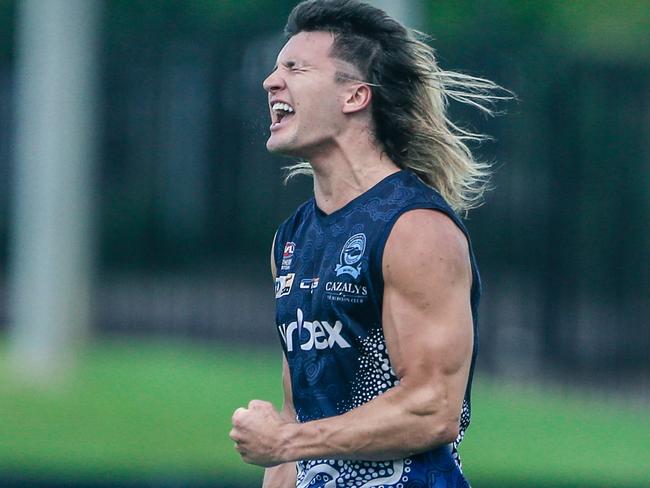 Tom Baulch celebrates a goal for the Darwin Buffalos in 2022. Picture: Glenn Campbell