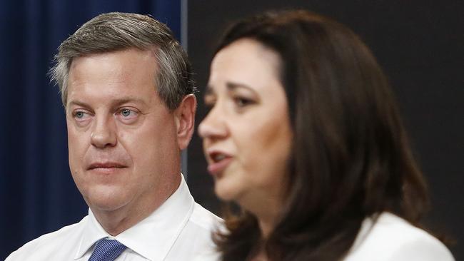 The LNP, long the favourite, has run a smooth campaign, but it enters the last week behind Labor. Above, TIm Nicholls with Annastacia Palaszczuk. Picture: AAP