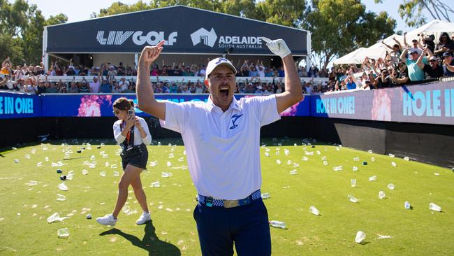 Chase Koepka of Smash GC reacts after making a hole-in-one on the 12th hole during the final round of LIV Golf Adelaide at the Grange Golf Club on Sunday. Picture: Jon Ferrey/LIV Golf