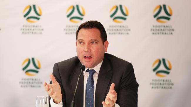 SYDNEY, AUSTRALIA - MARCH 16: FFA CEO James Johnson speaks to the media during a FFA A-League press conference at the FFA Head Offices on March 16, 2020 in Sydney, Australia. The FFA today announced their plans to continue the A-League and W-League competitions as a result of the