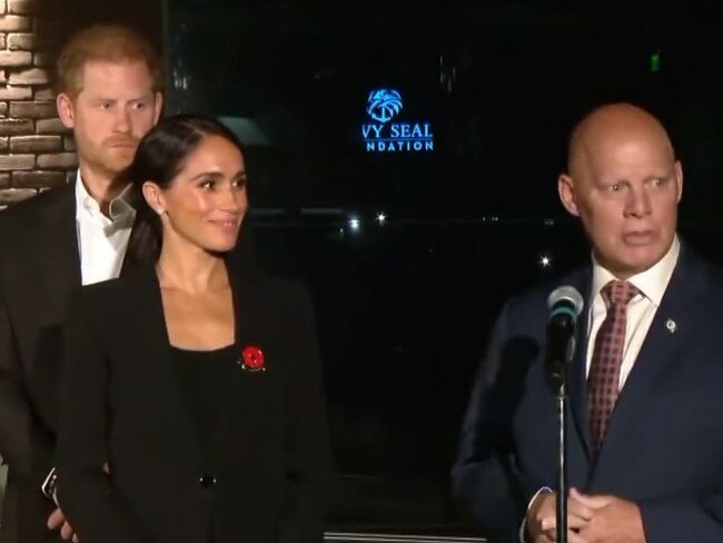 The Duke and Duchess of Sussex, Prince Harry and Meghan Markle, stepped out ahead of Remembrance Day for the opening of a US Navy SEALs fitness centre. Picture: Twitter